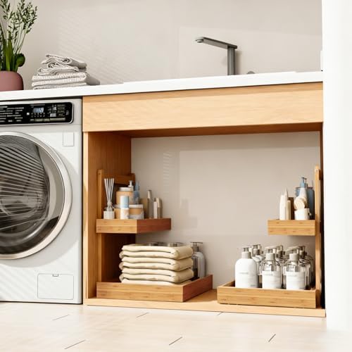 Bamboo Undersink Organizer Storage - 2-Tier Cabinet Shelf with Adjustable Levels, Under Sink Storage Slide Out for Cabinet Pantry Kitchen Bathroom (Natural, 2 Packs) - Image 4
