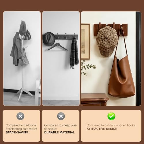 QUELLANCE Wooden Coat Hooks Wall Mounted, Coat Rack Hanger Wall Mount with 4 Hooks, Heavy Duty Coat Hooks for Hanging Coats/Keys/Hats/Robe&Towels/Plants/Bags, Home Decor Gift, Walnut - Image 6