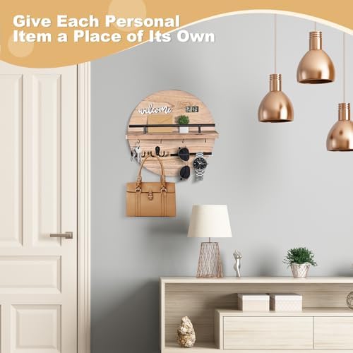 Key Holder for Wall Decorative, Key Hooks Wall Mounted with Shelf and Wooden Key Holder Round Key Hooks for Entryway Mudroom Hallway Kitchen Office (Wood) - Image 3