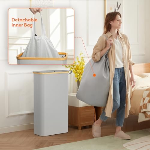 Lifewit 65L Slim Laundry Hamper with Lid and Removable Bag, Silver Grey - Image 4