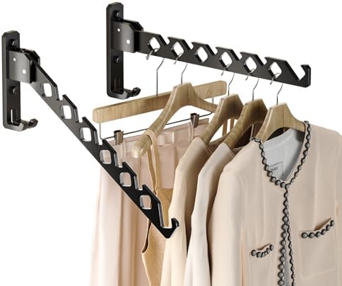 Dr.DJ Wall Mount Coat Hanger Holder Black Clothes Drying Organizer Rack Garment Hooks Aluminium Retractable Folding Indoor Wall Mounted Hanger Space Saver for Laundry Room Bedroom Black 2Pack by DrDJ