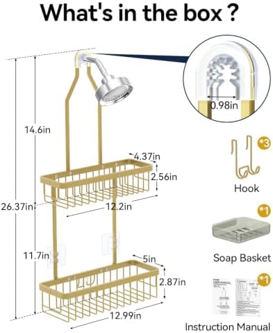 YASONIC Never Rust Shower Caddy Hanging, Aluminum Shower Racks for Inside Shower, 2-Tier Shower Organizer Hanging Over Shower Head with Hooks and Soap Holder, Gold - Image 2