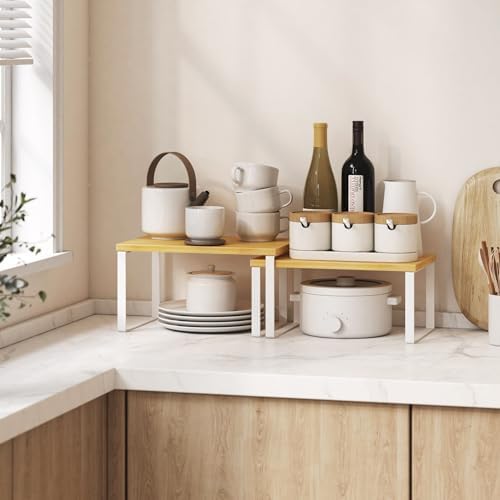 Kitchen Cabinet Organizer Shelf Set of 4, Sturdy Kitchen Counter Shelves with Metal Legs, Stackable Expandable Wood Spice Rack Pantry Cupboard Dish Mug Cup Storage Organizer Shelf,White+Bamboo - Image 2