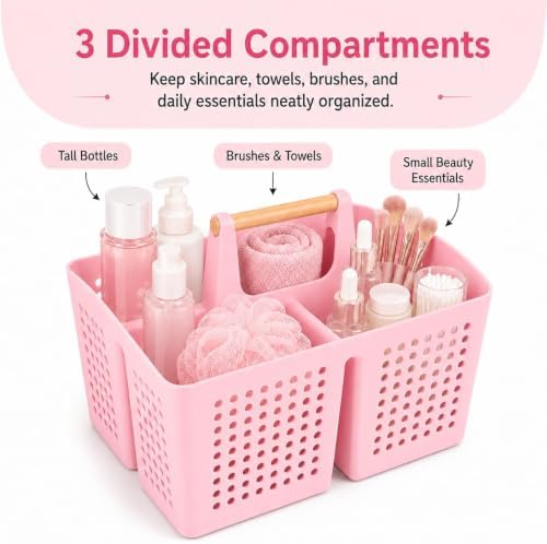 Portable Shower Caddy Basket with 3 Compartments and Handle, Caddy Pink - Image 3