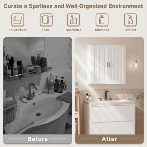 INNOD Bathroom Storage Cabinet, Over The Toilet Storage Cabinet, Medicine Cabinet with Adjustable Wood Shelf & Doors for Laundry Room & Kitchen & Living Room(White) - Image 3