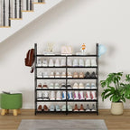 2-Row 6-Tier Stackable Shoe Rack, Black Metal Shoe Shelf with Multifunctional Hooks, Hold 24-30 Pairs, Space Saving Shoes Organizer for Closet,Show Rack - Image 2