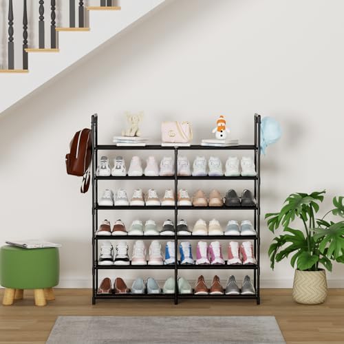 2-Row 6-Tier Stackable Shoe Rack, Black Metal Shoe Shelf with Multifunctional Hooks, Hold 24-30 Pairs, Space Saving Shoes Organizer for Closet,Show Rack - Image 2
