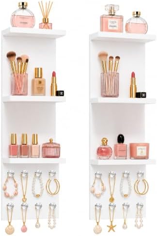 3 Tier White Floating Wall Vanity Shelf with 8 Crystal Hooks, Set of 2 Wall Mounted Bathroom Organizer for Perfume, Makeup, Skincare, Jewelry, Key Holder Display Shelf for Vanity, Entryway by HGMYCHJ
