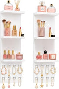 3 Tier White Floating Wall Vanity Shelf with 8 Crystal Hooks, Set of 2 Wall Mounted Bathroom Organizer for Perfume, Makeup, Skincare, Jewelry, Key Holder Display Shelf for Vanity, Entryway by HGMYCHJ