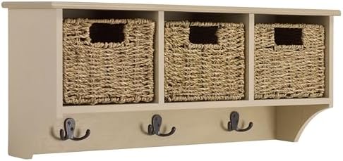 SAFAVIEH Home Collection - Finley Sand Wall Mounted 3-Basket Storage Rack with Hooks & Seagrass Baskets (HAC5700E) - Image 6
