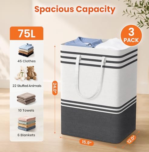 TranquilRelax 3-Pack Laundry Basket, Laundry Hamper, Grey-75L - Image 2