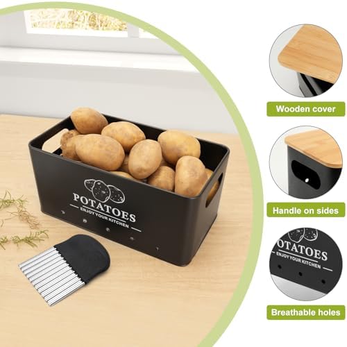 Kitchen Vegetable Storage Set of 3, Metal Onion Garlic Potato Storage Set, Kitchen Canisters Vegetable Keeper Containers with Aerating Holes and Bamboo Lid,Black - Image 5
