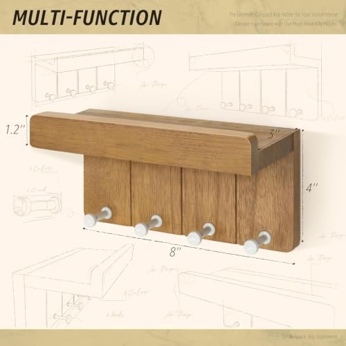 Rebee Vision Key Holder Wall Mount with 4 Hooks for Room Decor, Light Brown - Image 3
