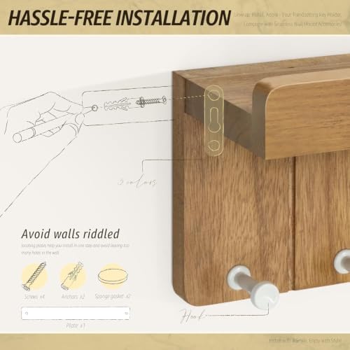 Rebee Vision Key Holder Wall Mount with 4 Hooks for Room Decor, Light Brown - Image 6