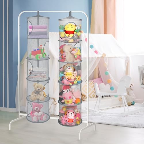 2Pcs Hanging Mesh Space Saver Bags Organizer, Foldable Storage Organizer 5 Compartments Toy Storage Organizer for Kid Room Toys, Gloves,Hats,Socks Storage #Grey - Image 4