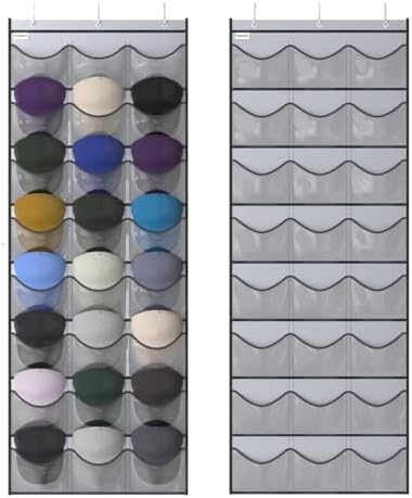 Baseball Hat Rack, 24 Pocket Over-The-Door Hat Organizer with Clear Deep Pockets to Display Baseball Caps Collection, Complete with 3 Over Door Hooks (Grey, 24 Pockets) by Unjumbly