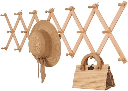 SCUNDA Wall Rack with 20 Hooks, Wooden Wall Expandable Coat Rack for Coat, Hats, Baseball Caps, Coffee Mug, Jewelry(Natural) by SCUNDAHOME