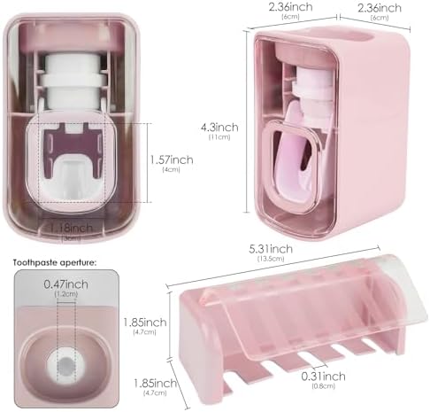 5 Slots Wall Mount Toothbrush Holder with Cover, Self Adhesive Toothbrush Storage Organizer for Shower, Toothbrush Hanger with Automatic Toothpaste Squeezer Dispenser (Pink) - Image 2