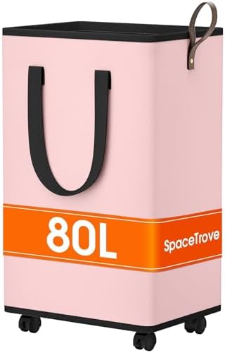 SpaceTrove Rolling Laundry Basket with Wheels, Laundry Hamper, 80L, Pink by Unknown