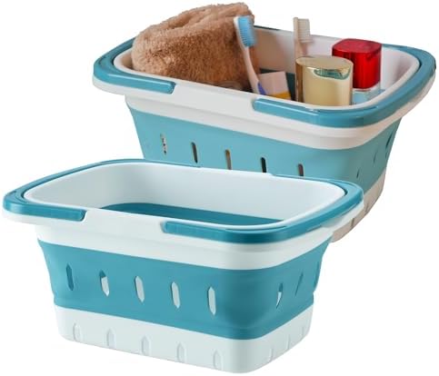 2 Pack Portable Folding Plastic Shower Caddy Basket, Perforated, Travel Bathroom Organizer for Bedroom, Shower, Collage Dorm Room, Camping and RV Use (Blue, 2 pack) by Unknown