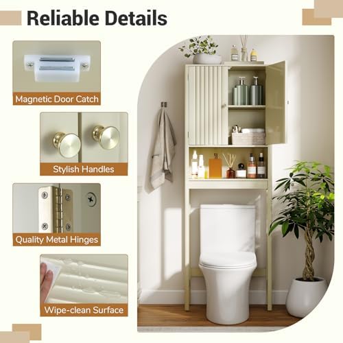 GIANTEX Over The Toilet Storage Cabinet, Bathroom Organizer w/Fluted Doors, Adjustable Shelf&Bottom Bar, Open Storage Cube, Space-Saving Above Toilet Storage Cabinet for Laundry (Cream White) - Image 6