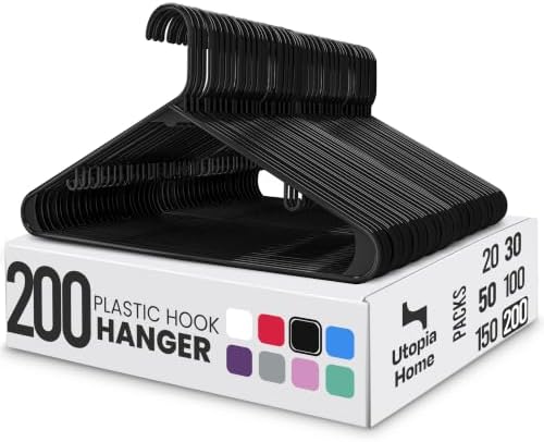 Utopia Home Plastic Hangers 200 Pack – Built-in Strap Hooks Black | Space saving | Durable & strong | Closet organizer | Clothes hangers | Ideal for shirts, pants, skirts & coats by UTOPIAHOME