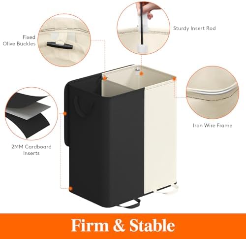 Lifewit Double Laundry Hamper with Lid, Removable Laundry Bags, White&Black - Image 2
