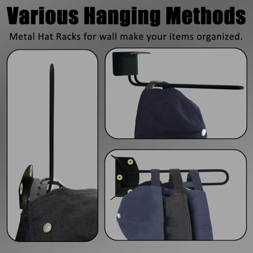 Hat Rack for Wall, 2 Pack Black Baseball Cap Organizer with Extra-Long 4.9in Hooks, Space Saving Ball Cap Storage for Closet Door, Bedroom, Entryway - Image 6
