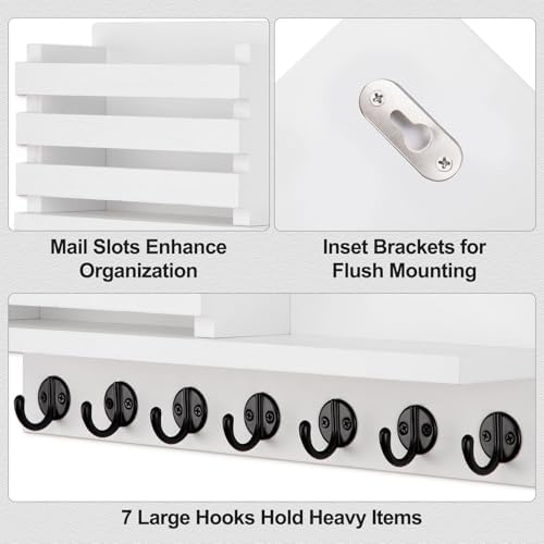 Lwenki Key Holder for Wall – Decorative Wooden Mail Holder and Key Shelf with Mounting Hardware, Installation Guide – Paulownia Wood with Metal Key Hooks (White, Extra Large - 15.6inch) - Image 2