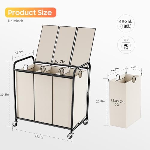 180L Laundry Sorter 3 Section, Rolling Laundry Basket with Wheels and Lid - Image 2