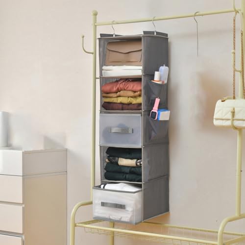 5-Tier Hanging Organizer for Closet, Fabric Closet Organizer with 2 Hooks, 2 Pull-Out Drawers, Foldable Space-Saving Storage (Gray) - Image 5