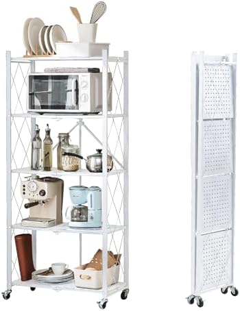 BRIAN & DANY 5-Tier Foldable Storage Shelves with Wheels, Folding Metal Rack Shelving Unit, Heavy Duty No Assembly Organizer Shelf for Garage, Kitchen, Basement, Pantry, White by BRIANDANY