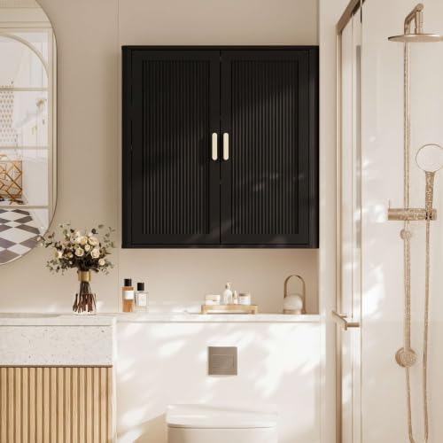 INNOD Bathroom Storage Cabinet, Over The Toilet Storage Cabinet, Medicine Cabinet with Adjustable Wood Shelf & Doors for Laundry Room & Kitchen & Living Room(Black) - Image 5