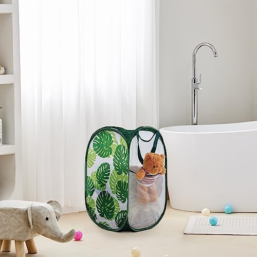 TECHMILLY Collapsible Mesh Pop Up Laundry Hamper with Sturdy Handles and Side Pocket - Portable Foldable Clothes Baskets for Dorm, Bathroom & Travel Storage (Green Leaf) - Image 5