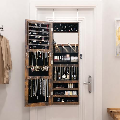 Full Length Mirror Jewelry Armoire Jewelry Cabinet - 2-in-1 Organizer for Makeup and Jewelry Lockable Storage Over The Door Mirror With Jewelry Storage- Rustic Brown - Image 3