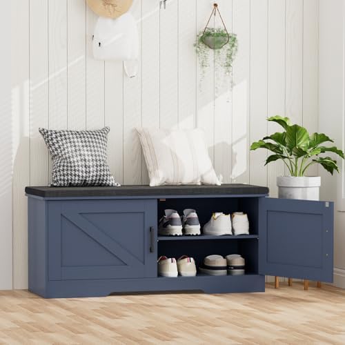 HOMSHO Farmhouse Shoe Storage Bench with 2 Barn Doors & Padded Seat Cushion - Image 4
