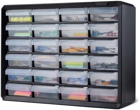 Amazon Basics 24-Drawer Plastic Storage Organizer with Dividers for Office/Craft/Tools, Wall Mountable, Sturdy, 6.3 x 21.3 x 15.8 inch, Black by AmazonBasics