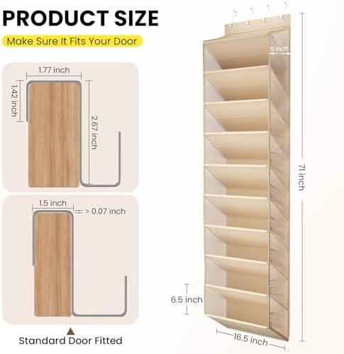 Mefirt 20-25 Pairs Over the Door Shoe Organizer, Clear Pockets Shoe Rack for Closet Door, 10-Tier Hanging Shoe Rack for Boots, Behind the Door Shoe Holder Fit All the Family's Sneakers, Heels, Beige - Image 5
