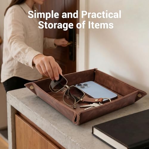 CoBak Leather Valet Tray, Premium PU Leather Catch-All Tray for Entryway Table Key, Phone, Wallet, Coins & Jewelry, Bedside Nightstand Desk-top Catchall (Brown) - Image 2