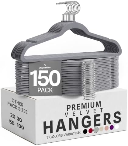 Utopia Home Velvet Hangers, Grey, 150 Pack | Luxury Non-Slip Slim Pant & Coat Hangers | Strong Space-Saving Clothes Hangers | 360° Swivel Hook by UTOPIAHOME