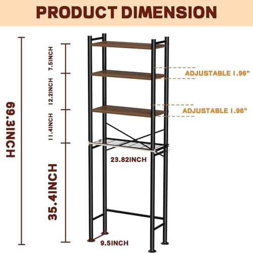 GloTika 4-Tier Over Toilet Storage, Anti-Tilt, 69.3" H, Brown - Image 2