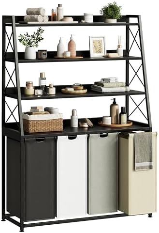 Herture Laundry Basket, 4 Section Laundry Hamper with 4 Tiers Shelf, Pull-Out and Removable Laundry Bags, Large 4 x 15.87 Gallons, for Laundry Room Bathroom Black PF12XLK by Herture