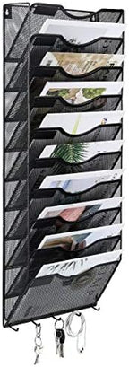 EasyPAG 10 Pocket Mesh Wall File Organizer with Key Hooks, Hanging Paper Folder Holder with Classify Label, Vertical Wall Mount Mail Organizer for Office Home Classroom, Black - Image 2