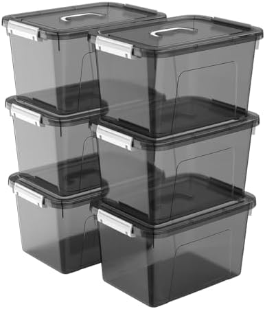 Stackable Plastic Black Storage Bins with Lids 6 Pack, 12 Quart Modular Organizer Boxes with Secure Latches for Closet, Pantry, Office and Small Item Storage by JUJIAJIA