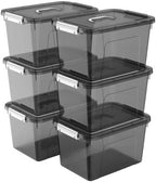 Stackable Plastic Black Storage Bins with Lids 6 Pack, 12 Quart Modular Organizer Boxes with Secure Latches for Closet, Pantry, Office and Small Item Storage by JUJIAJIA