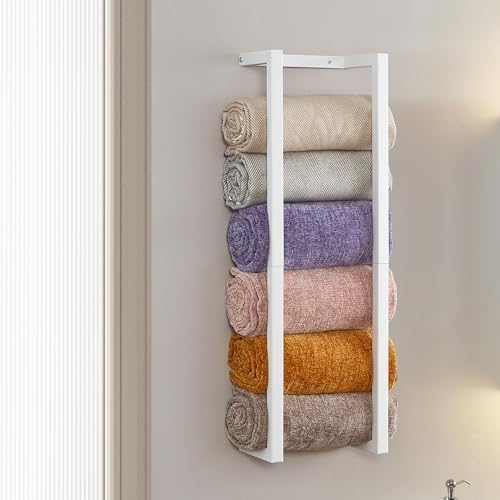 Towel Rack for Rolled Towels, Towel Rack for Bathroom,Wall Mounted Metal Bathroom Organizer, Bath Towel Holder Wall for Modern Small Space Bathroom Towel Storage (White) by Roeveca