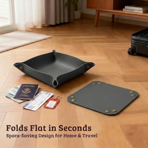 3 PACK PU Leather Jewelry Valet Tray Organizer, Foldable & Portable Catch All Bowl for Entryway Table, Nightstand, Desk & Travel | Storage Dish for Keys, Watch, Coin, Glasses (Grey) - Image 6