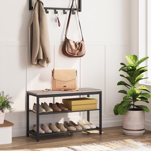 HOOBRO Shoe Bench, 3-Tier Shoe Rack, Industrial Shoe Organizer Storage Bench, 29.5 inches Entry Bench with Mesh Shelves, for Entryway, Living Room, Hallway, Easy Assembly, Greige BG75HX01 - Image 4