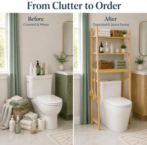 BAMBANG Over-the-Toilet Storage Shelf, 3-Tier Freestanding Bathroom Shelves with Adjustable Shelf Height and 3 Hooks, Space-Saving Organizer Rack Above Toilet, Bamboo Natural - Image 3