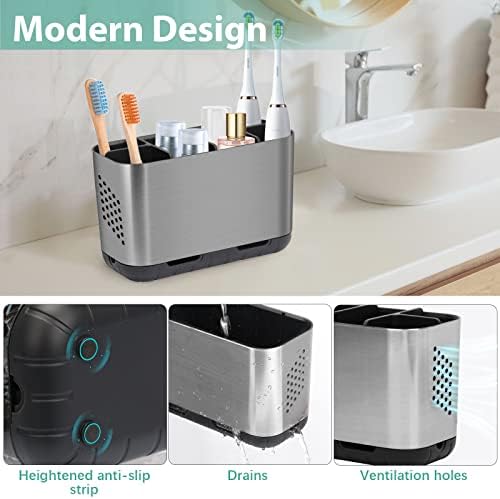 Boperzi Toothbrush and Toothpaste Holder Brushed Nickel Drainage for Bathroom Vanity, Large Electric Toothbrush Storage Caddy Anti-Slip Rustic with Adjustable Dividers for Family, Kids - Image 2